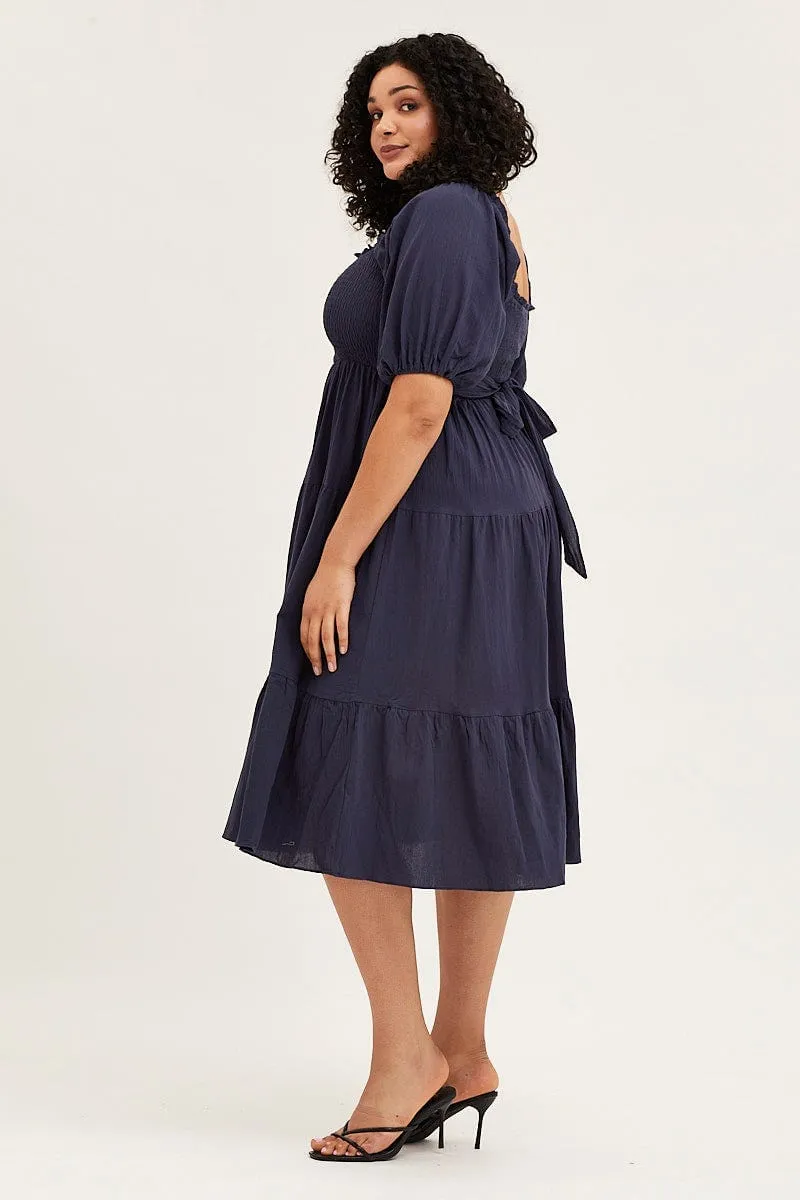 Soft Ray Blue Hour Blue Midi Dress Off Shoulder Short Sleeve