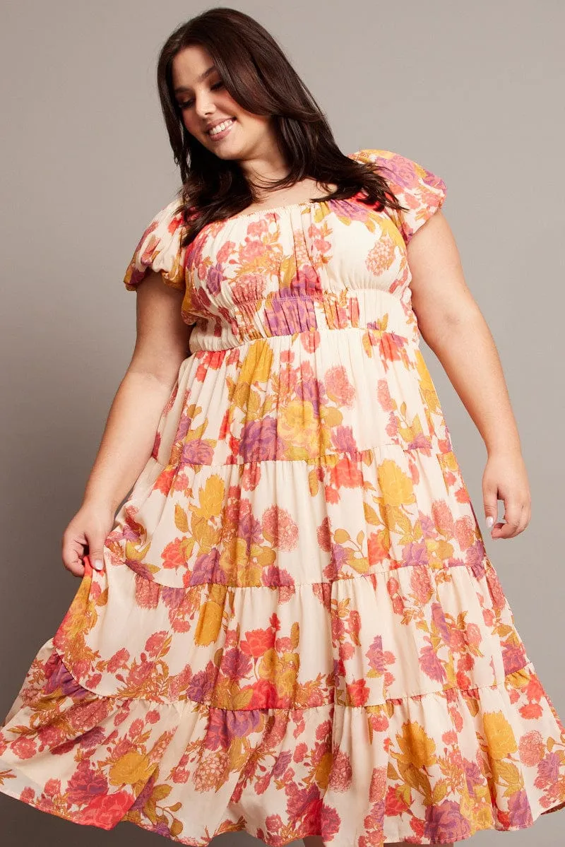 Trendy Appearance Pink Floral Midi Dress Short Sleeve Ruched