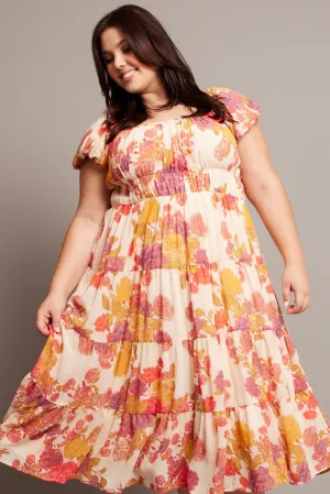 Trendy Appearance Pink Floral Midi Dress Short Sleeve Ruched