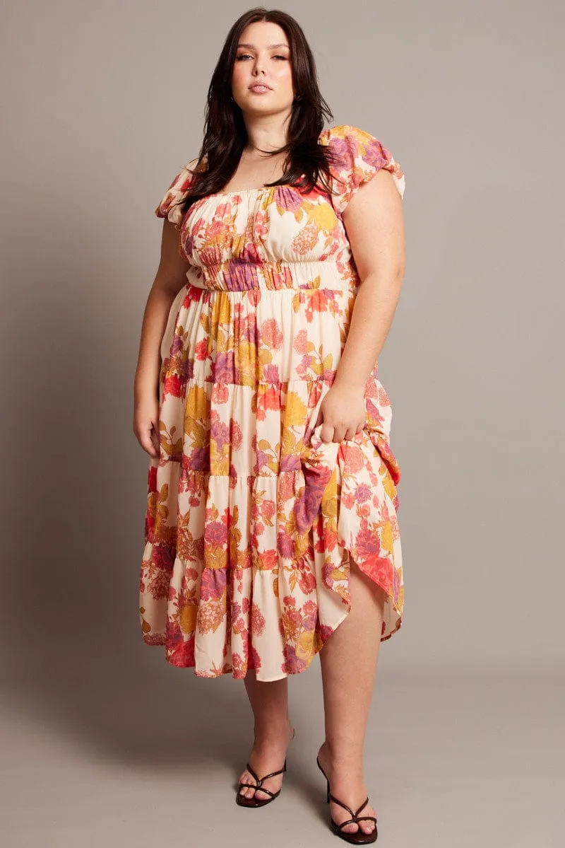 Mediterranean Cool Pink Floral Midi Dress Short Sleeve Ruched
