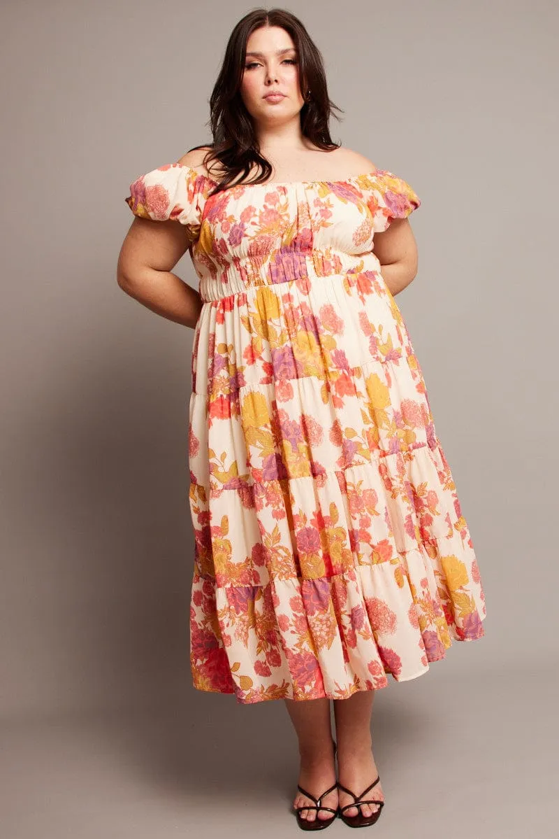 rooftop party Pink Floral Midi Dress Short Sleeve Ruched