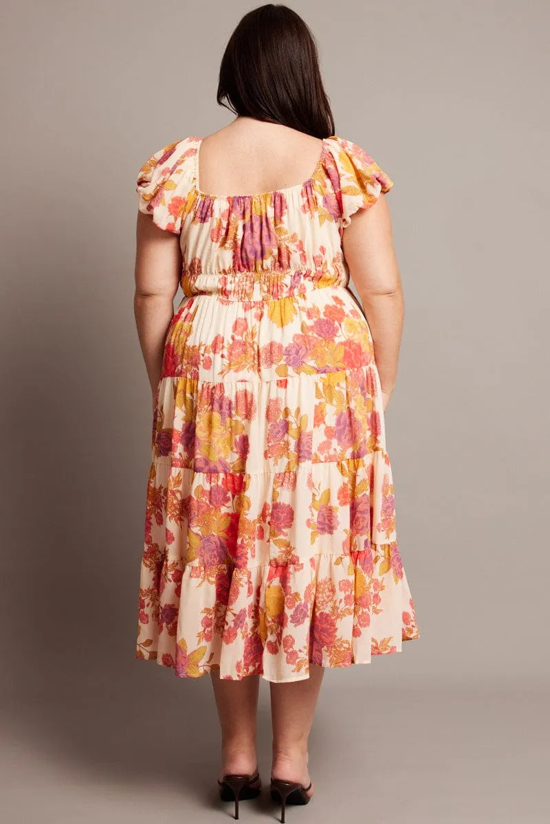 Pasture View Pink Floral Midi Dress Short Sleeve Ruched