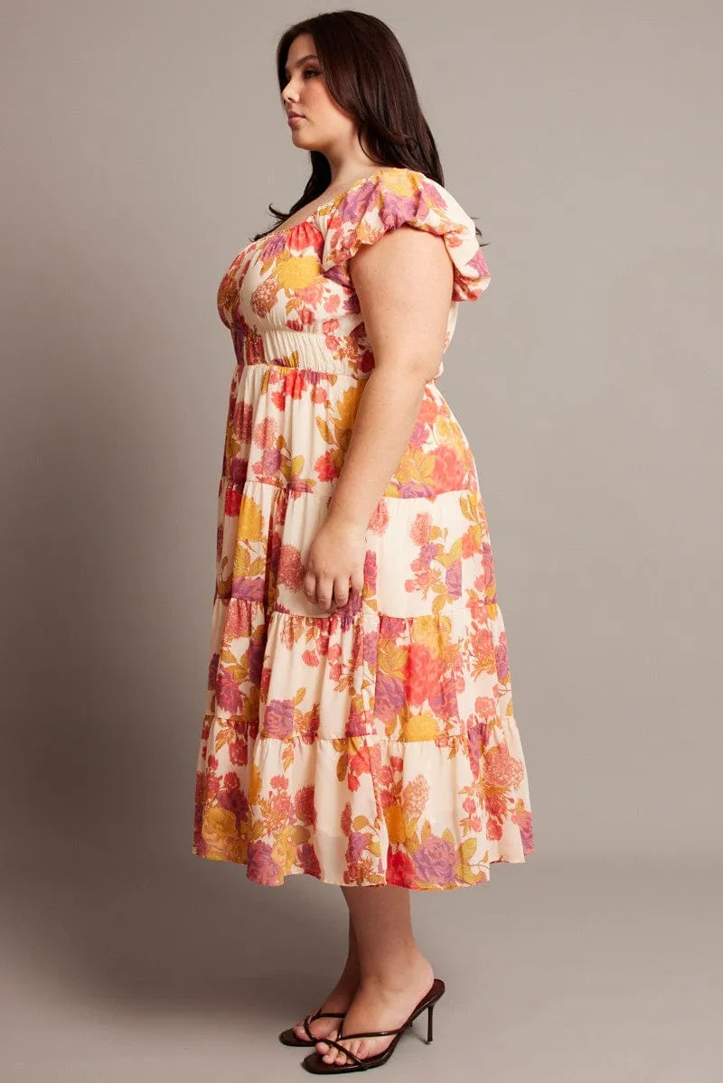 Cloud Sea Stylish Details Pink Floral Midi Dress Short Sleeve Ruched