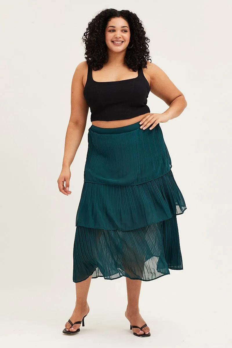 Green Midi Skirt Pleated Travel Ease
