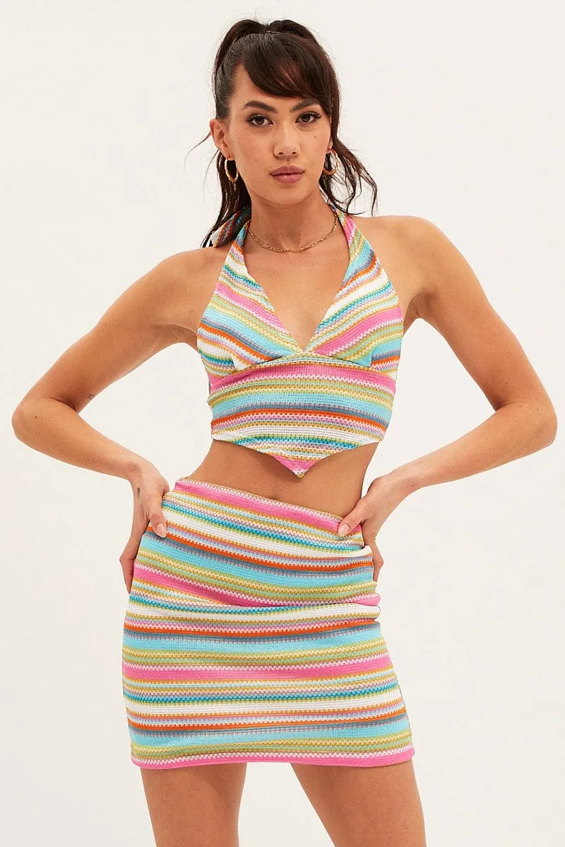 Multi Colour Mini Skirt Bodycon Mid Rise Cool Tone