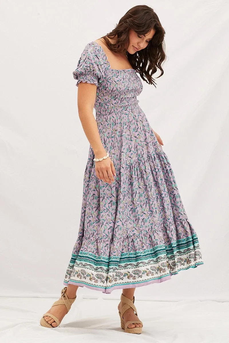Boho Print Square Neck Puff Sleeve Maxi Dress Ethereal Air Playful floral print gown