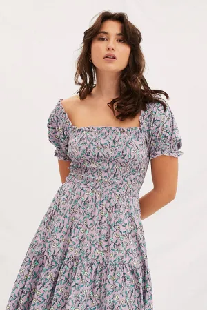 Boho Print Square Neck Puff Sleeve Maxi Dress Black Chic
