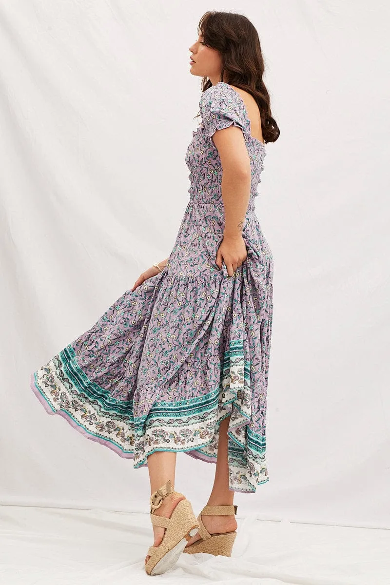 Boho Print Square Neck Puff Sleeve Maxi Dress Meadow Path
