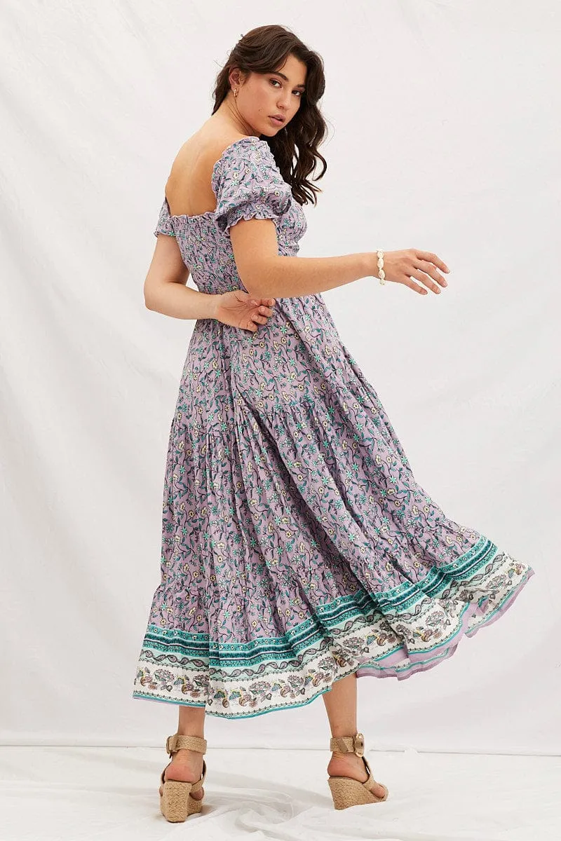 Linen Drapes The easy-to-wear design of this maxi dress ensures that you can style it effortlessly Boho Print Square Neck Puff Sleeve Maxi Dress