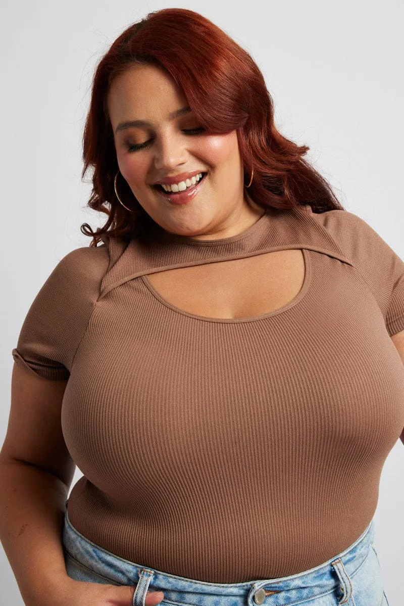UVProtection Brown Bodysuit Cut Out Short Sleeve Crew Neck Seamless