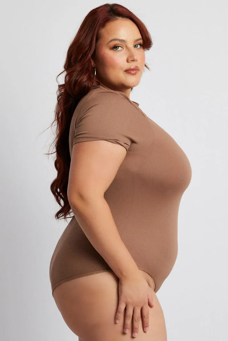 QuickReleaseFastenings Comfortable Hoodie Brown Bodysuit Cut Out Short Sleeve Crew Neck Seamless