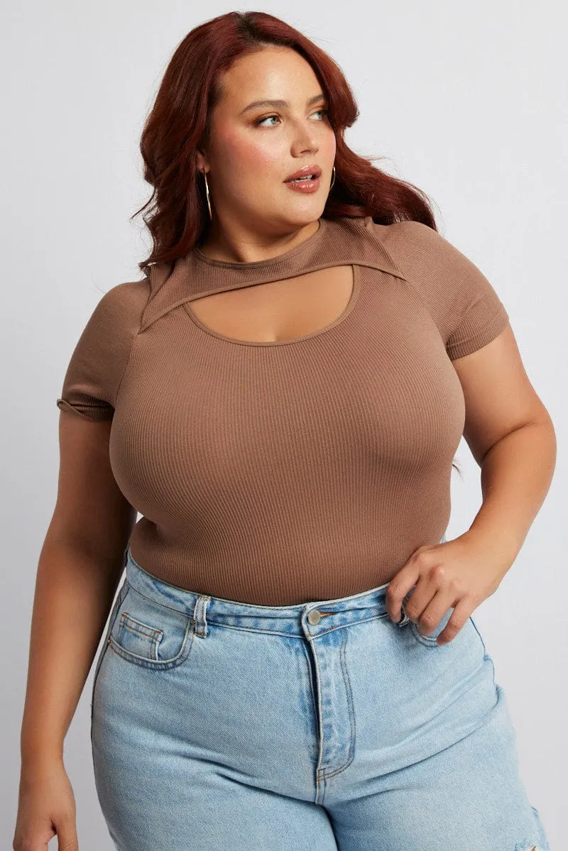 Antibacterial Finish Winter Style Brown Bodysuit Cut Out Short Sleeve Crew Neck Seamless