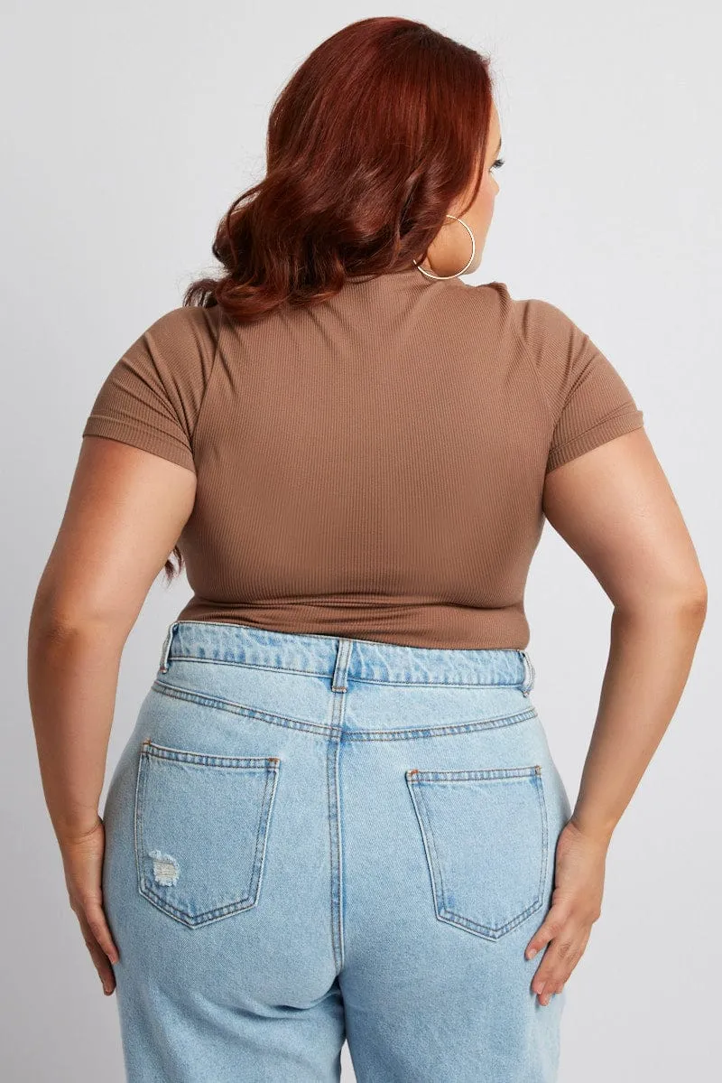 Cloud Core Brown Bodysuit Cut Out Short Sleeve Crew Neck Seamless