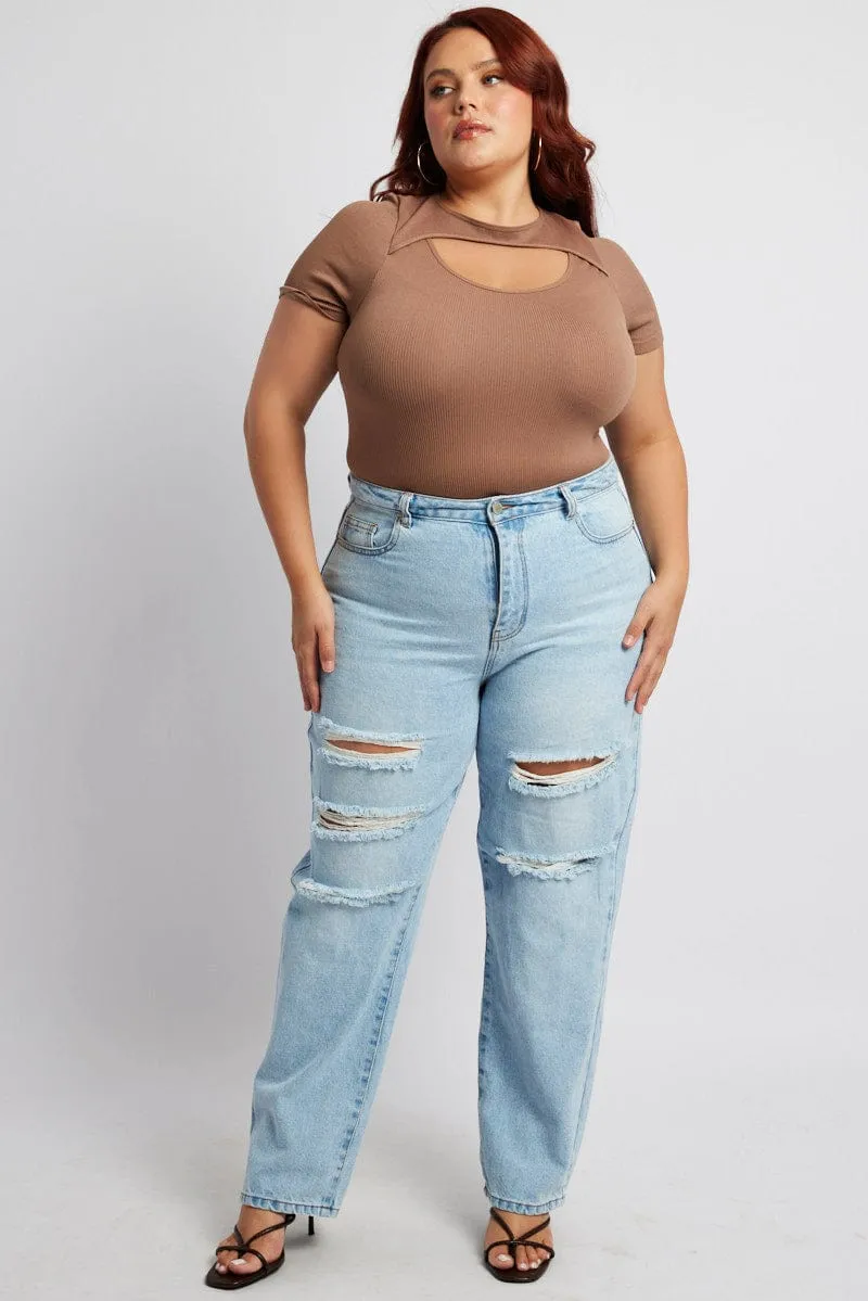 Crystal Soul Brown Bodysuit Cut Out Short Sleeve Crew Neck Seamless