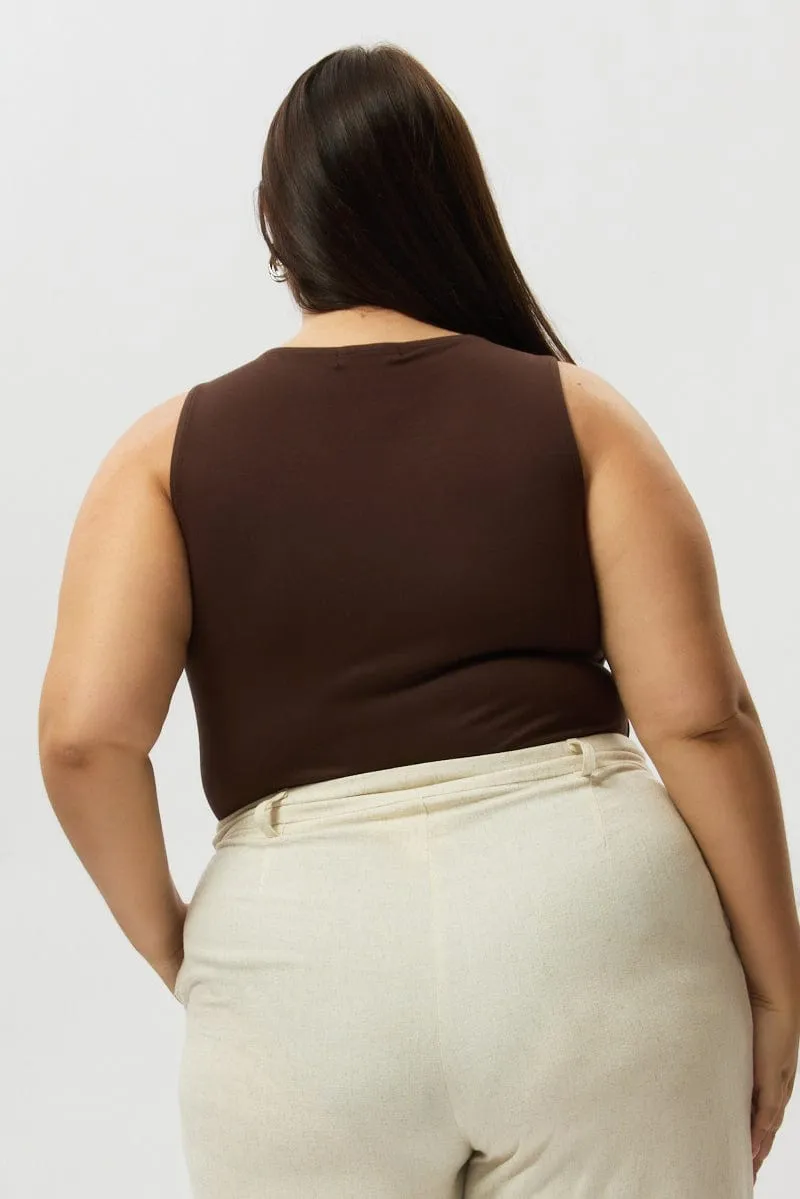 GentleWaistband Brown Bodysuit Sleeveless Boat Neck Modal