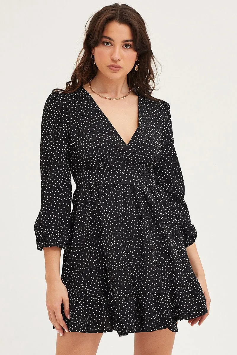 Zen Ease FlexibleElasticity Polka Dot Wrap Dress Long Sleeve Mini