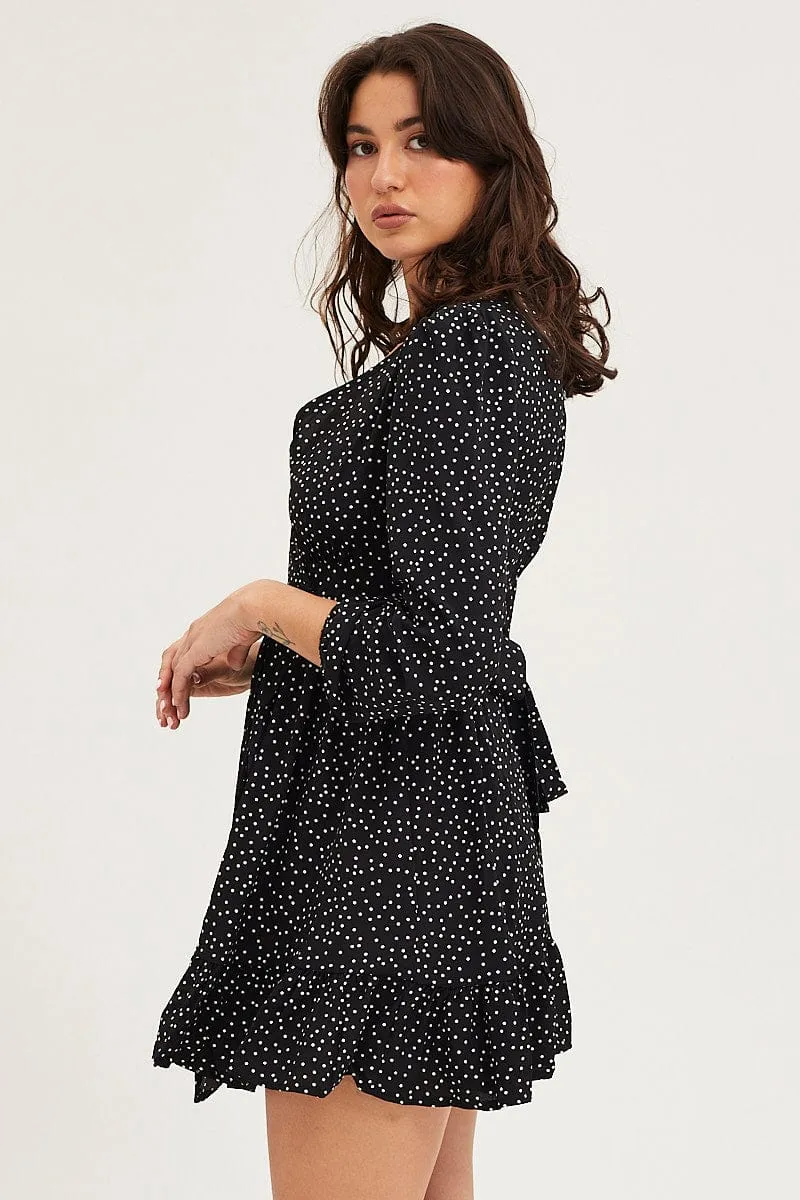 CompressionEnhanced Fit Polka Dot Wrap Dress Long Sleeve Mini