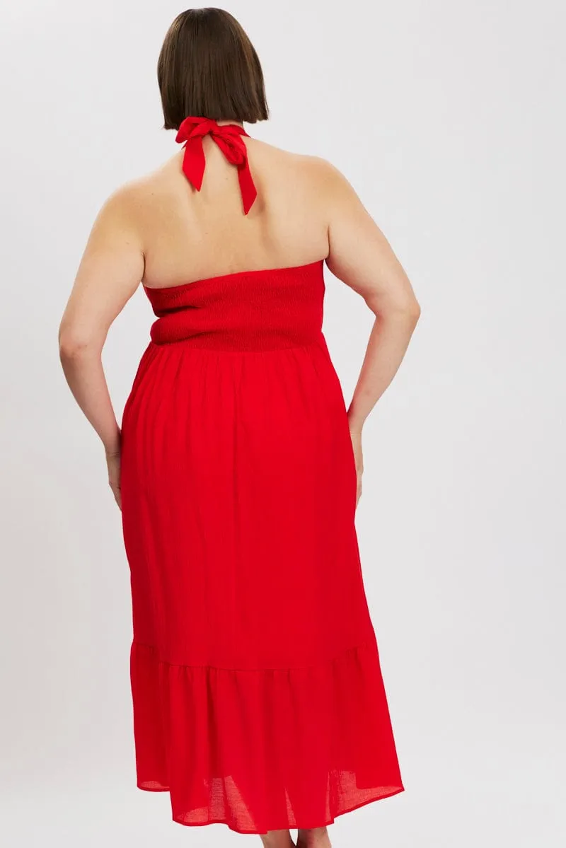 Relaxed Comfort Daily Smart Red Halter Neck Dress Sleeveless Textured