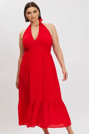 breath easy slow life Red Halter Neck Dress Sleeveless Textured
