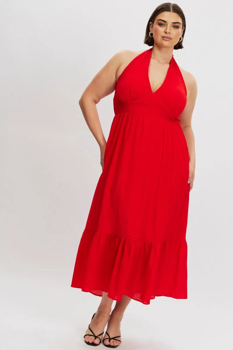 Red Halter Neck Dress Sleeveless Textured Sophisticated Style Flattering Cut