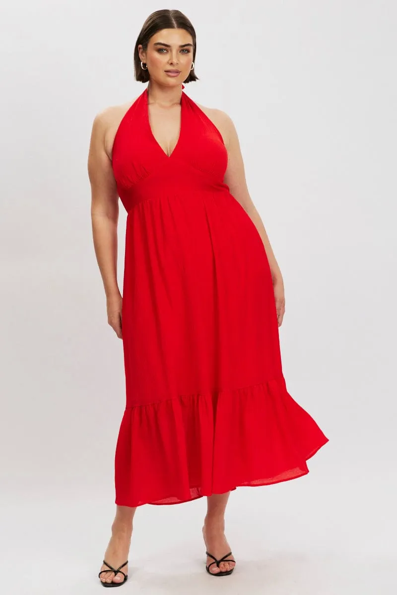 Red Halter Neck Dress Sleeveless Textured Gem Shine Platinum Shine