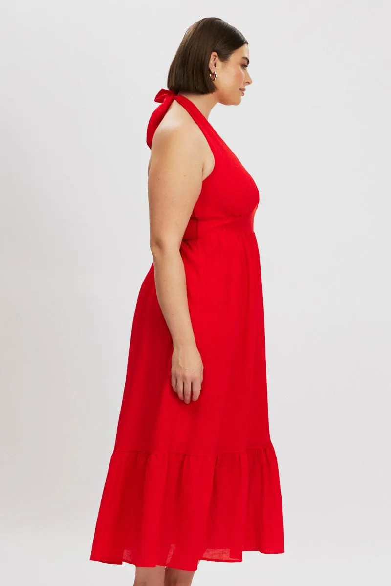 Red Halter Neck Dress Sleeveless Textured Casual yet elegant dress