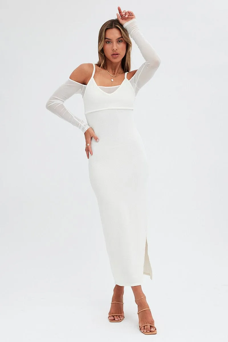 Sand Beige Wood Glow White Maxi Dress Long Sleeve Cold Shoulder Mesh Textured