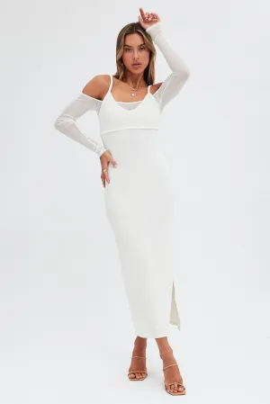 Sand Beige Wood Glow White Maxi Dress Long Sleeve Cold Shoulder Mesh Textured