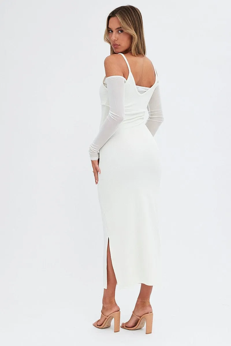 White Maxi Dress Long Sleeve Cold Shoulder Mesh Textured Effortless chic full-length dress Boho Spirit