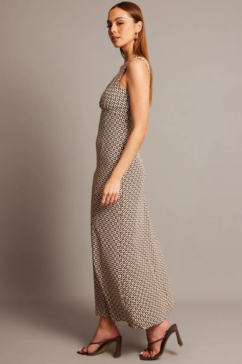 Brown Geo Midi Dress V Neck Sleeveless Navy Tone Desert Glow