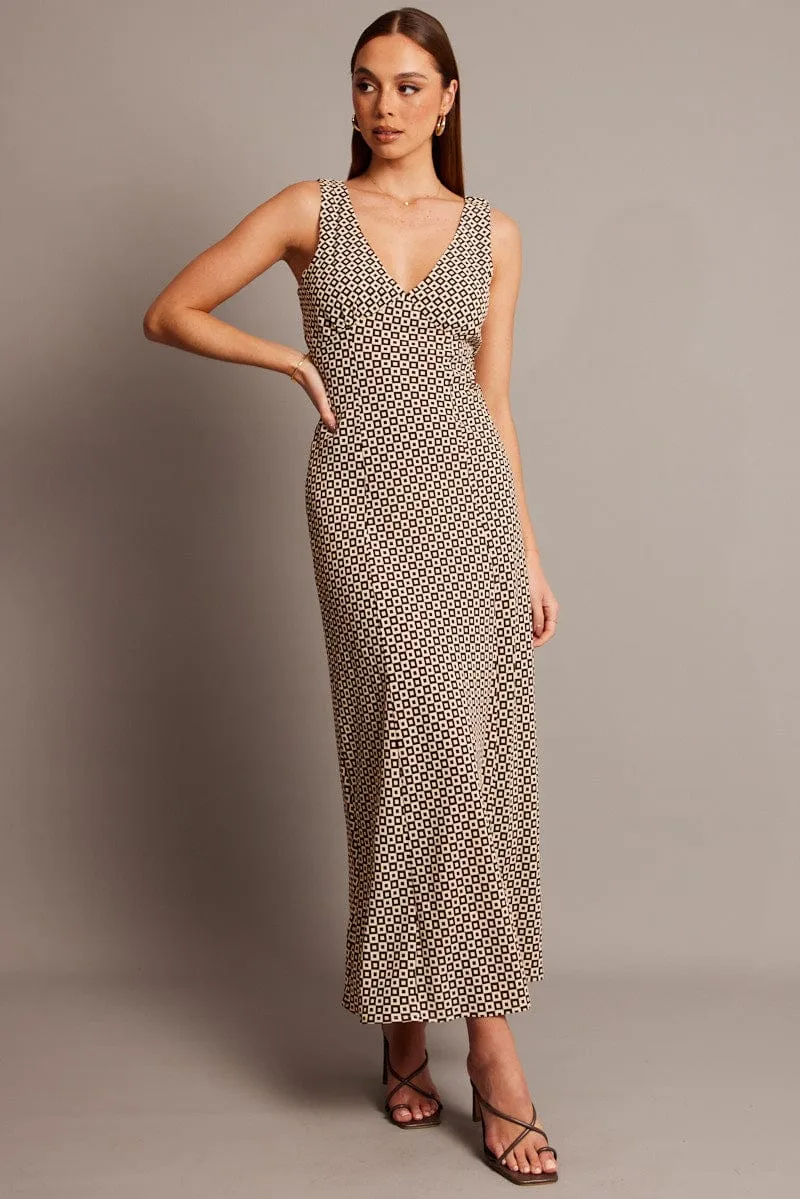 Brown Geo Midi Dress V Neck Sleeveless Tropical Air Weave Glow