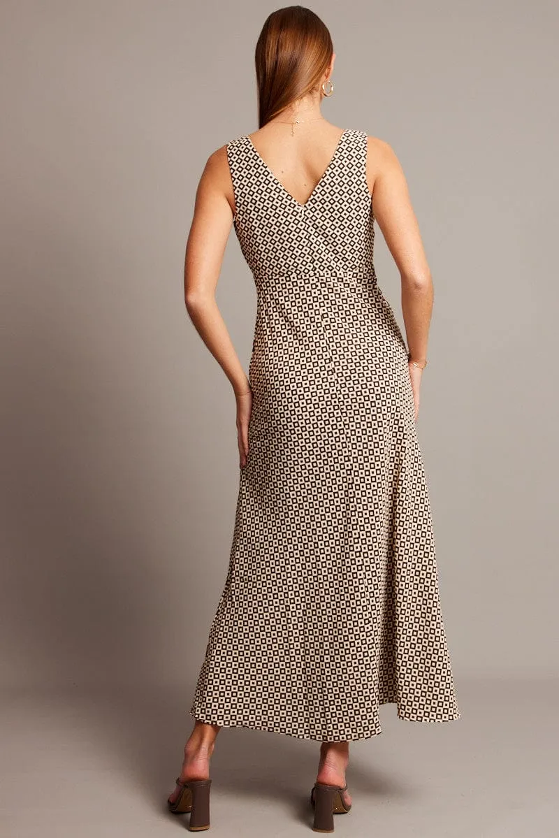 Island Edge This maxi dress combines classic style with modern comfort for a timeless look Brown Geo Midi Dress V Neck Sleeveless
