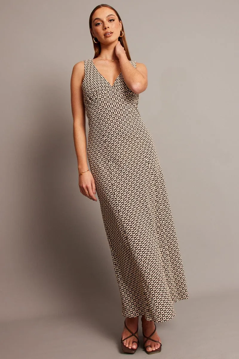 Coast Path Brown Geo Midi Dress V Neck Sleeveless