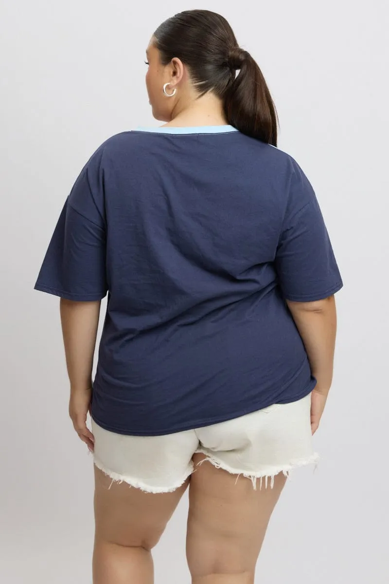 Premium Material Casual Wearable Blue Graphic T Shirt Short Sleeve