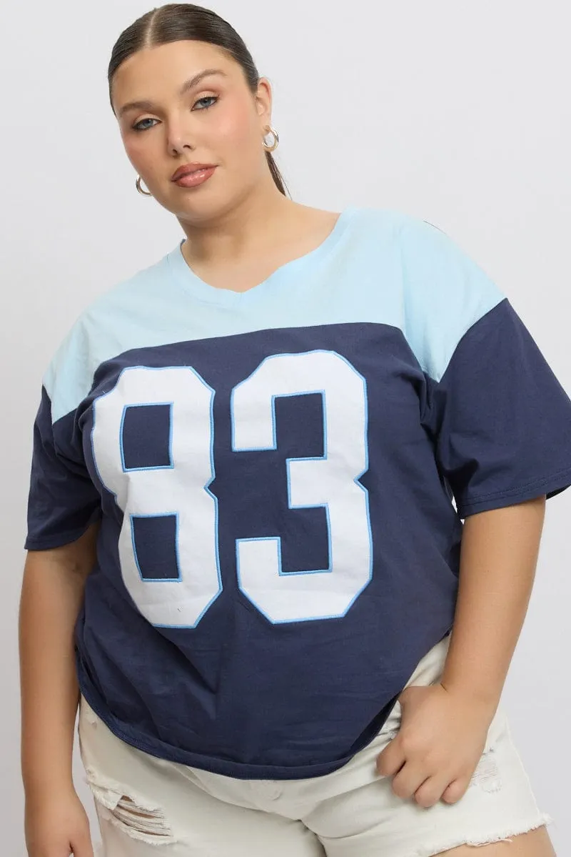 LayeringFriendly Holiday Style Trend Blue Graphic T Shirt Short Sleeve