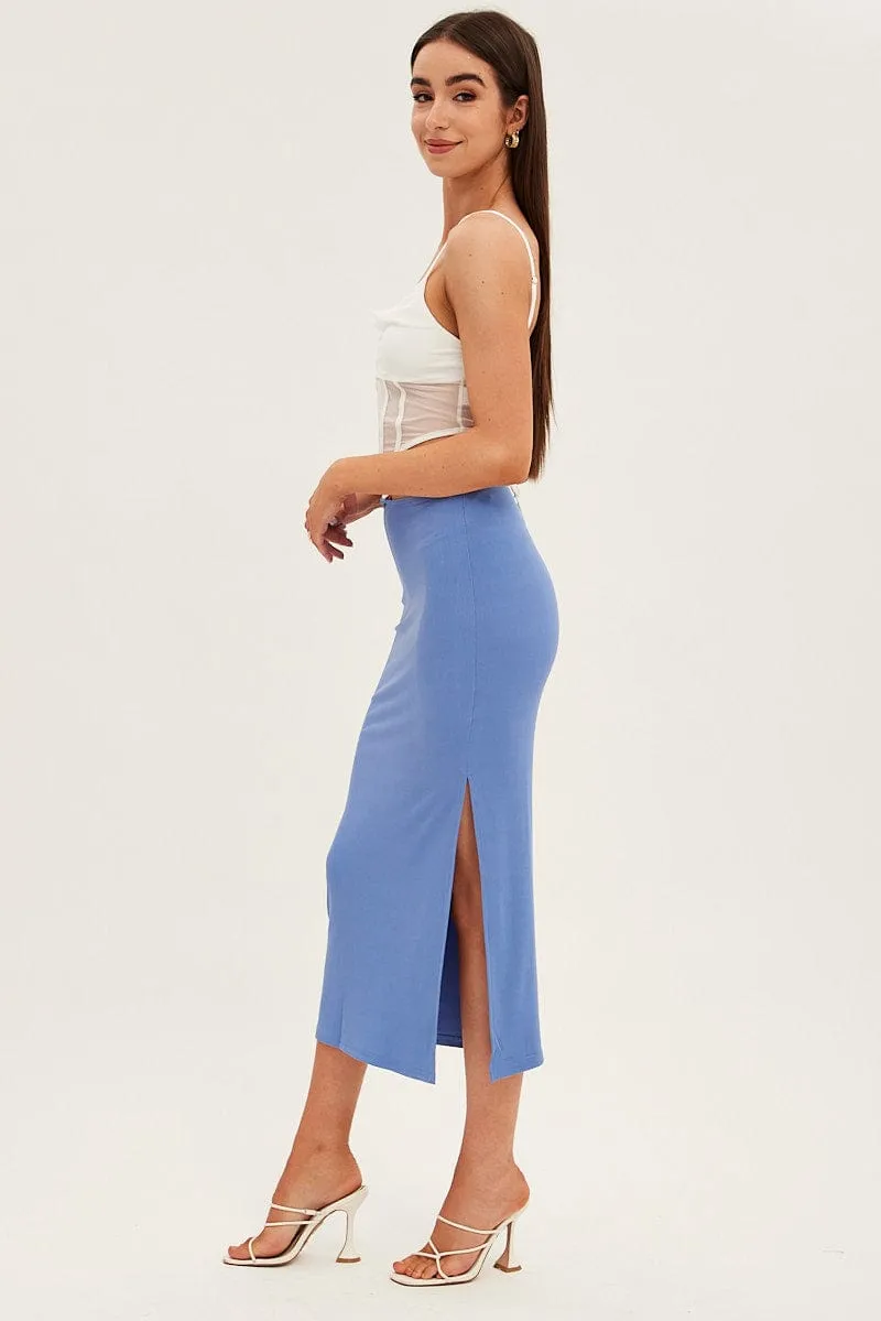 Versatile Wear Classic Appeal Blue Midi Skirt Bodycon Tie Contrast Ribbed