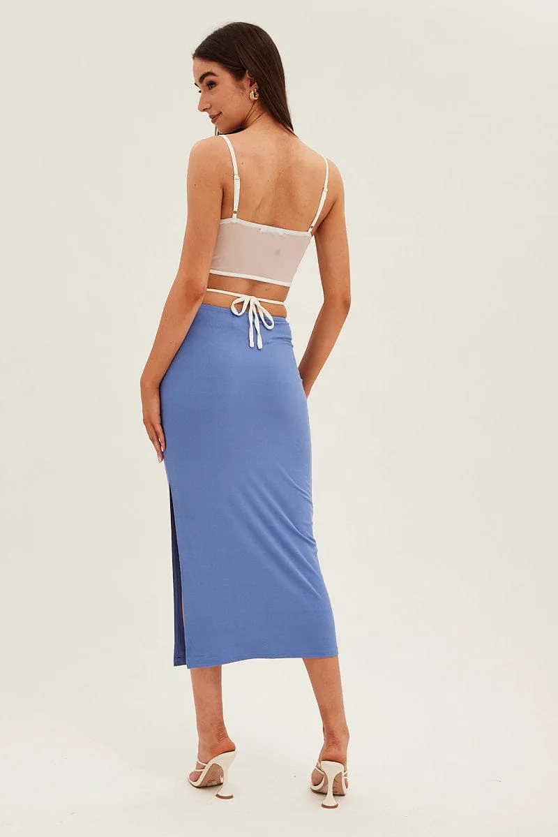 Blue Midi Skirt Bodycon Tie Contrast Ribbed music concert Day Ready