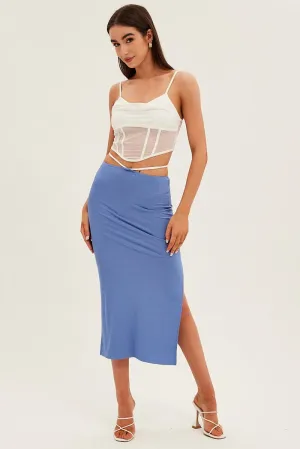 Blue Midi Skirt Bodycon Tie Contrast Ribbed Department Store Style Soft Texture