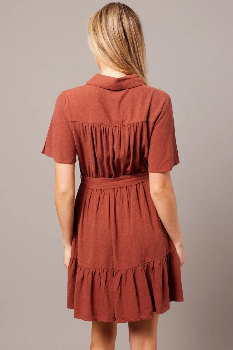 Energy Mood Brown Fit And Flare Dress Wing Sleeve