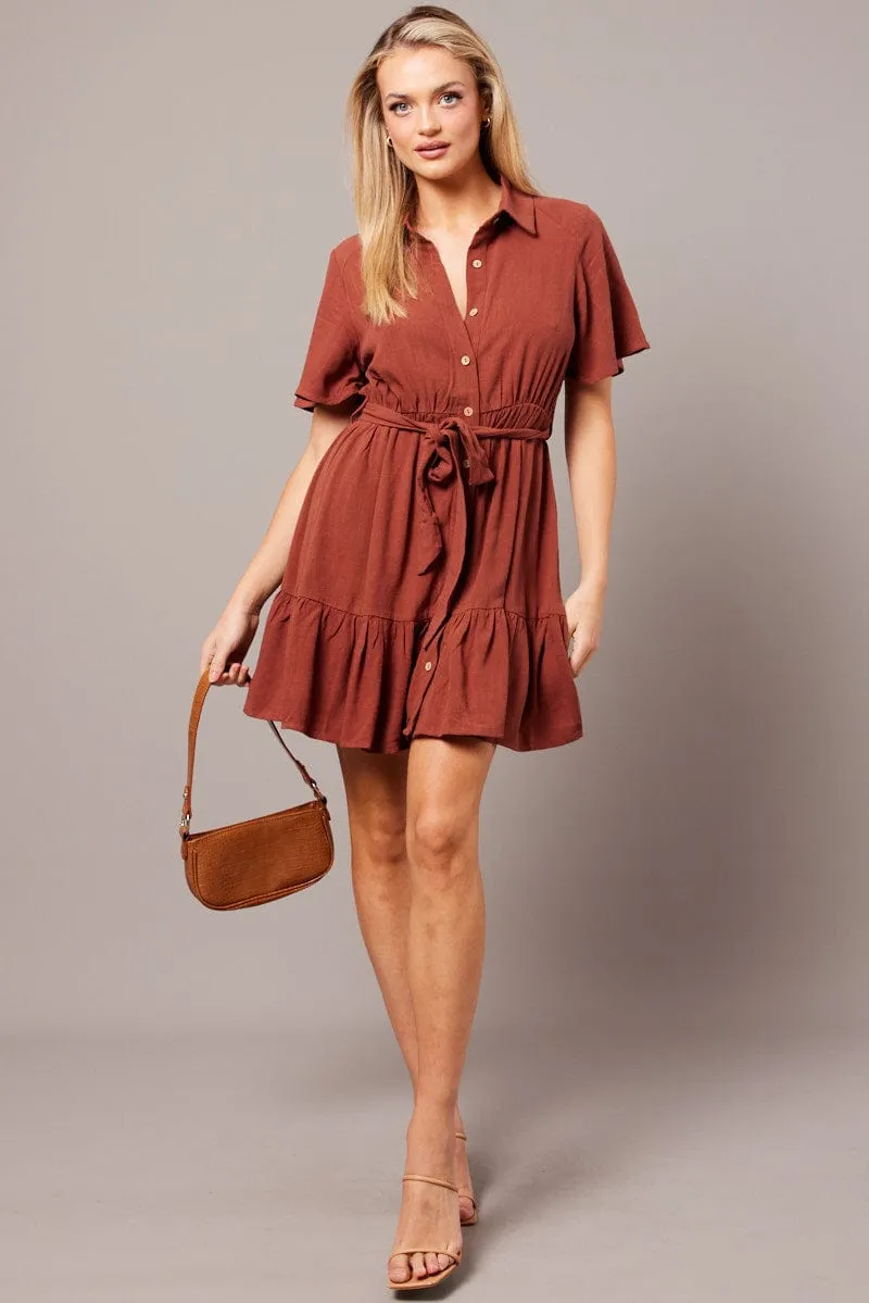 Brown Fit And Flare Dress Wing Sleeve Windproof Fabric Casual Day