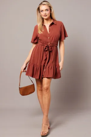 Brown Fit And Flare Dress Wing Sleeve Windproof Fabric Casual Day