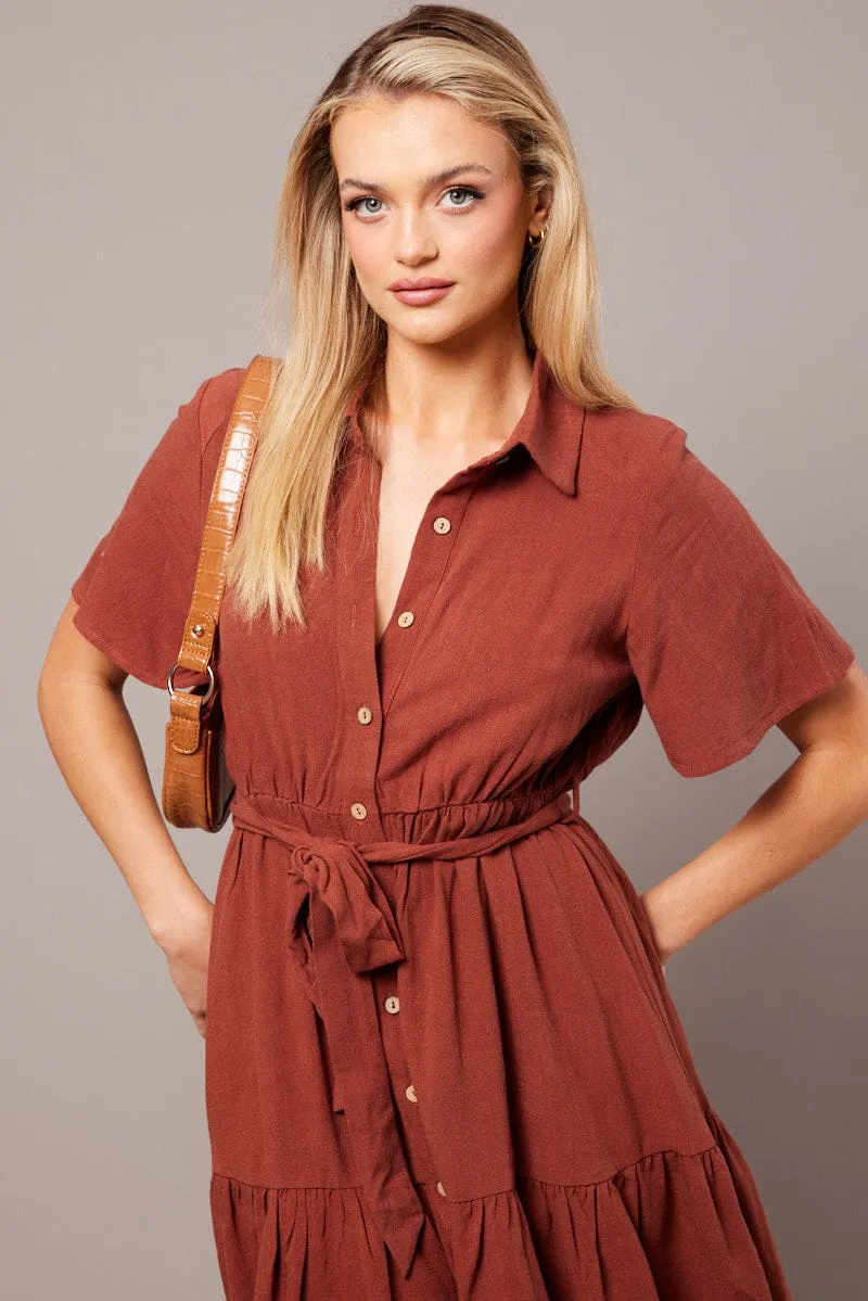 Brown Fit And Flare Dress Wing Sleeve Eco-Friendly Material