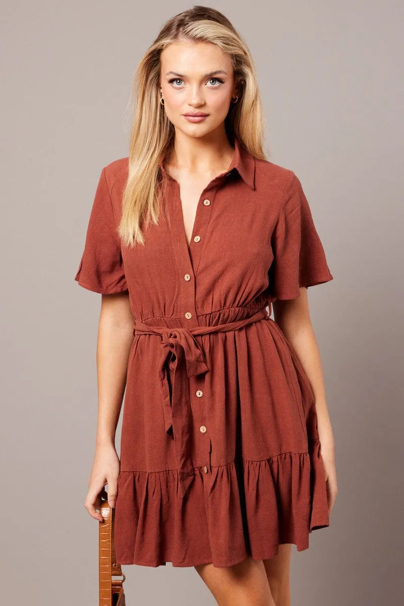 Brown Fit And Flare Dress Wing Sleeve LightweightMaterial