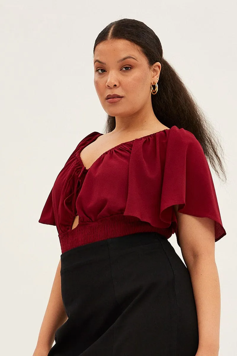 Red Shirred Bodysuit Short Sleeve Cut Out Casual Look