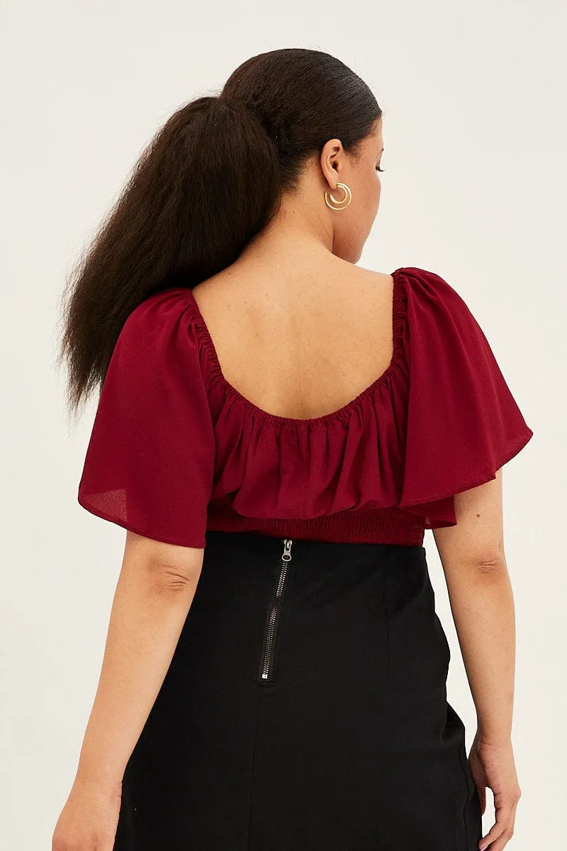 UltraSoft Texture Timeless Look Red Shirred Bodysuit Short Sleeve Cut Out