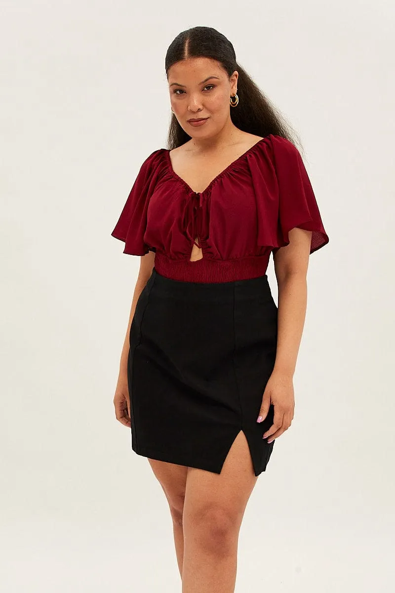 Red Shirred Bodysuit Short Sleeve Cut Out OdorResistant