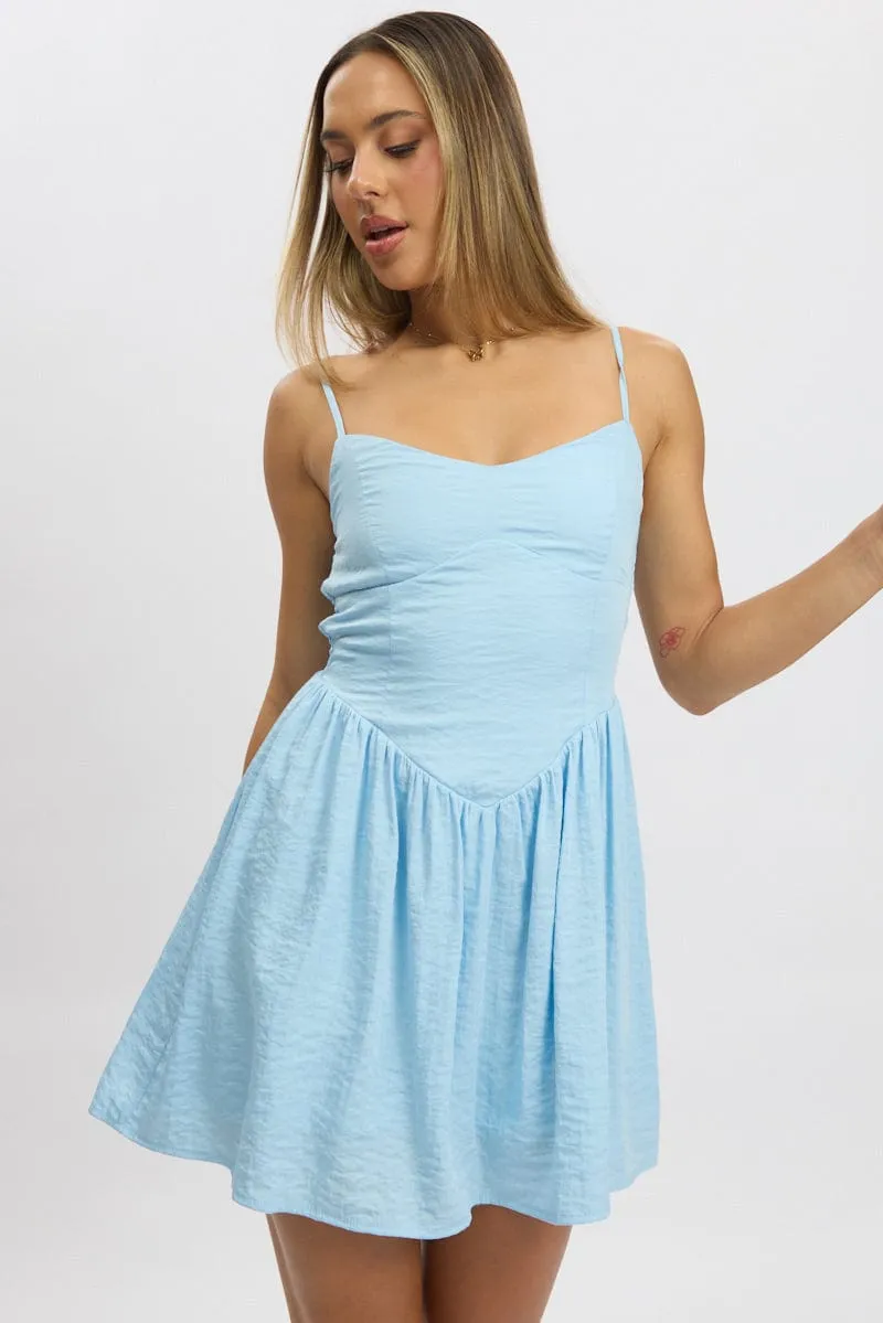 Blue Fit And Flare Dress Drop Waist Mini Comfort Look