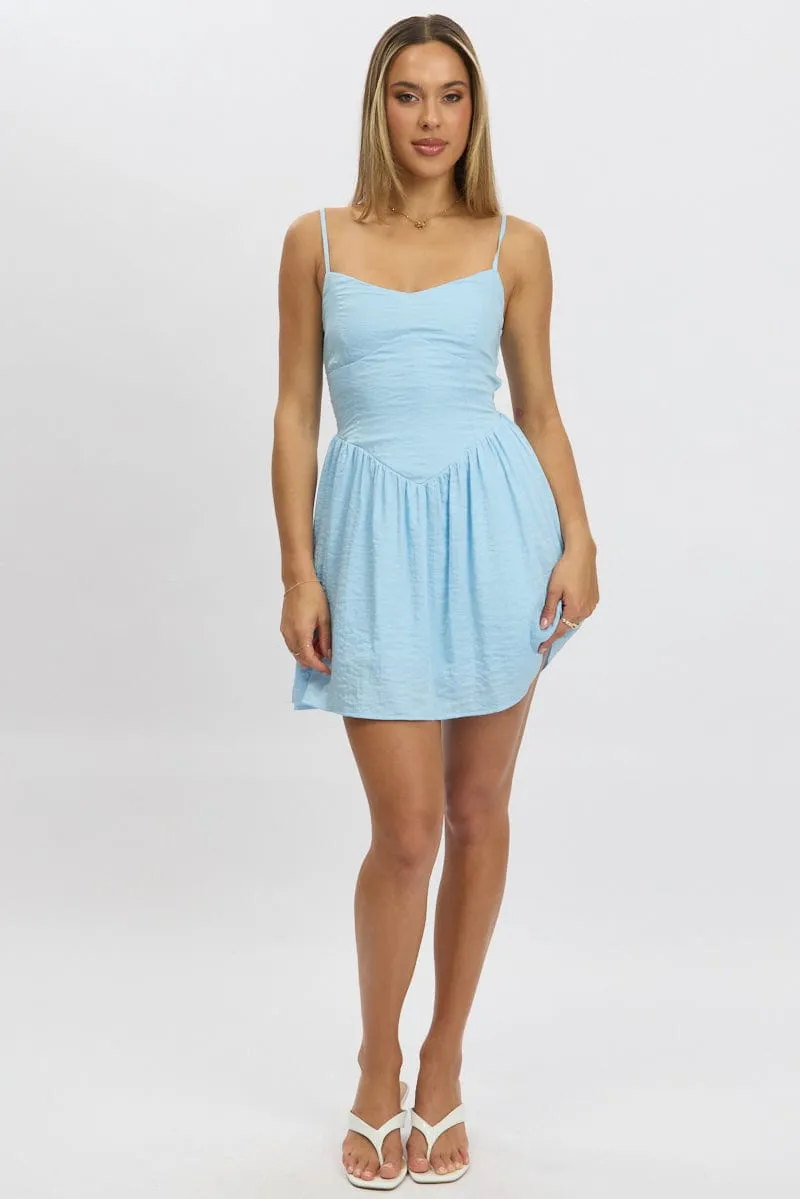 Blue Fit And Flare Dress Drop Waist Mini CompactPackableDesign