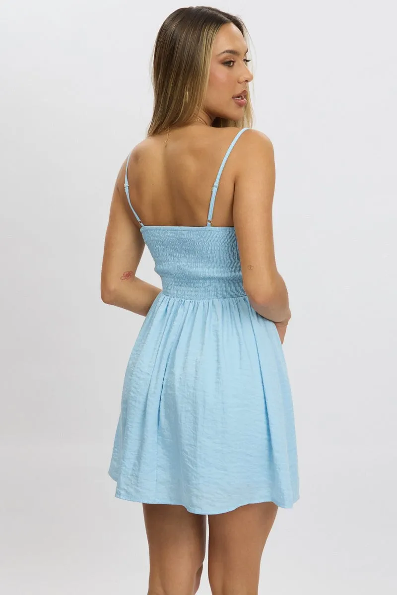 Stylish Bottom Blue Fit And Flare Dress Drop Waist Mini