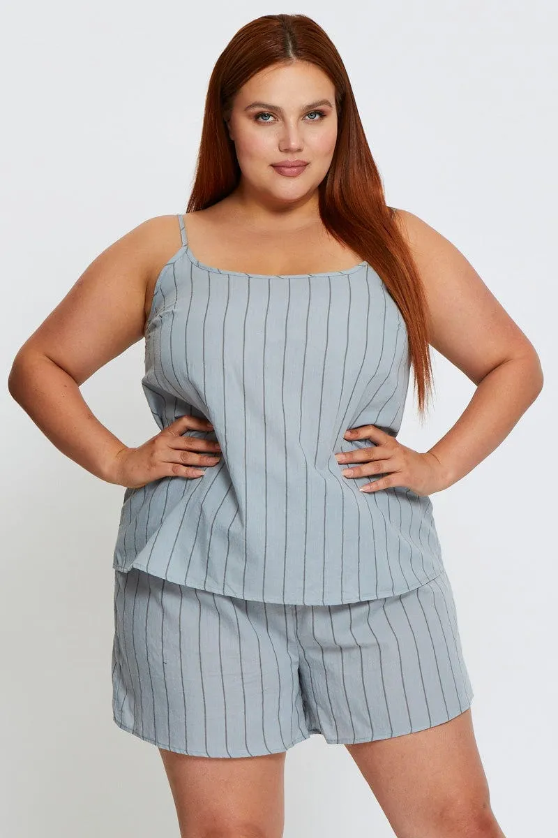 Blue Pyjamas Set Sleeveless Stripe Cami Top & Short Comfortable Jumpsuit Daily Use